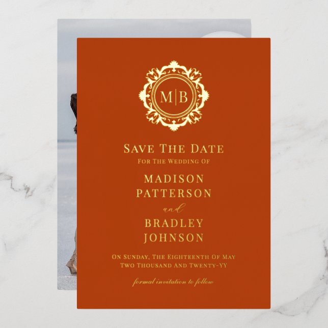 Ornate Floral Monogram Photo Wedding Save The Date (Front/Back)