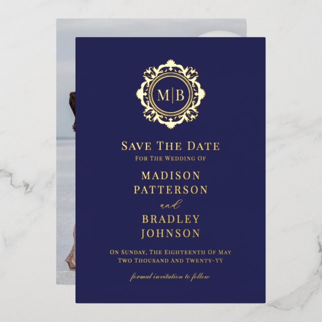 Ornate Floral Monogram Photo Wedding Save The Date (Front/Back)