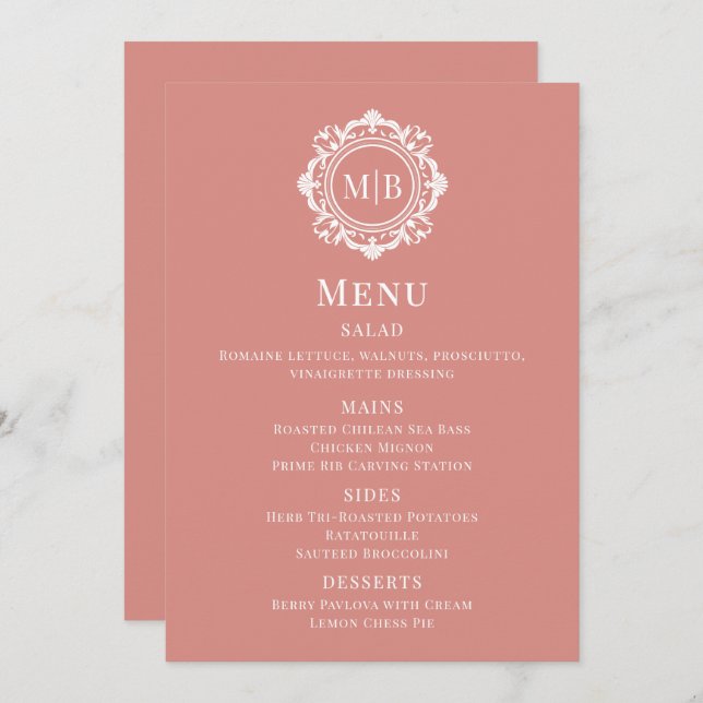 Ornate Floral Monogram Rose Gold Wedding Menu (Front/Back)