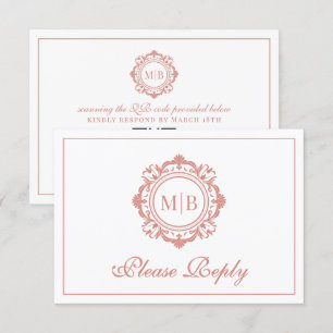 Ornate Floral Monogram Rose Gold Wedding RSVP Card