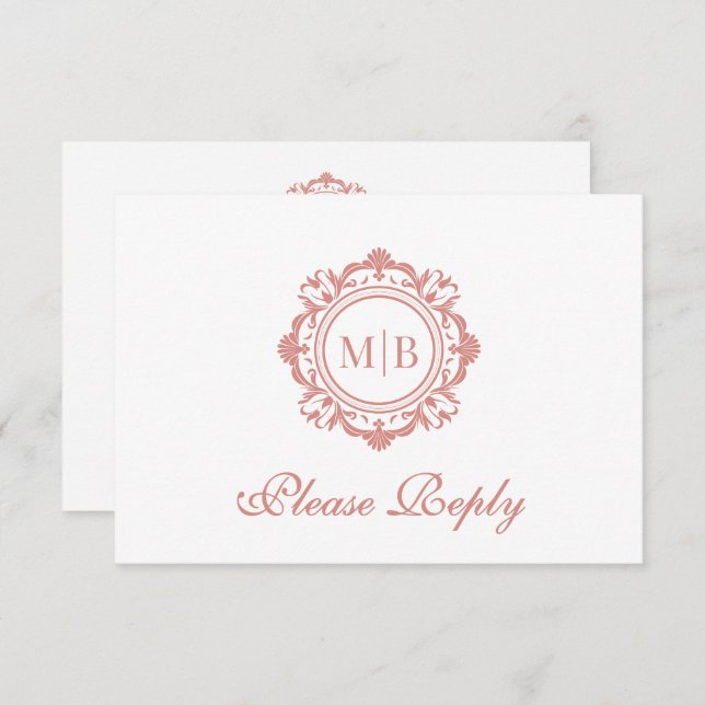 Ornate Floral Monogram Rose Gold Wedding RSVP Card (Front/Back)
