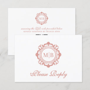 Ornate Floral Monogram Rose Gold Wedding RSVP Card