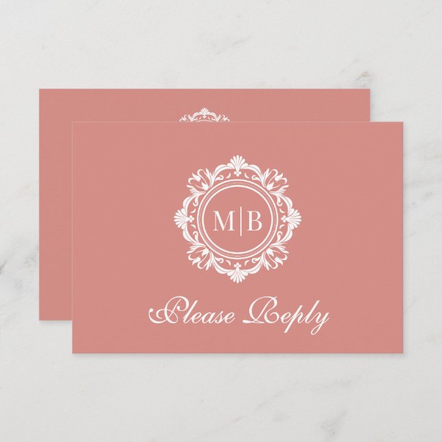 Ornate Floral Monogram Rose Gold Wedding RSVP Card (Front/Back)