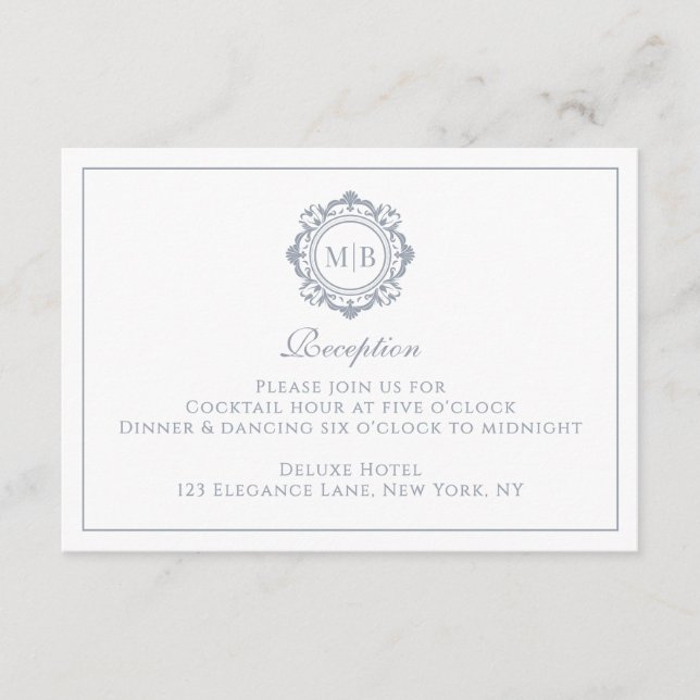 Ornate Floral Monogram Silver Reception Wedding Enclosure Card (Front)