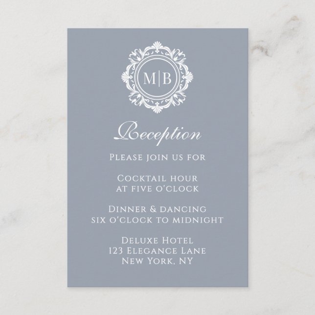 Ornate Floral Monogram Silver Reception Wedding Enclosure Card (Front)