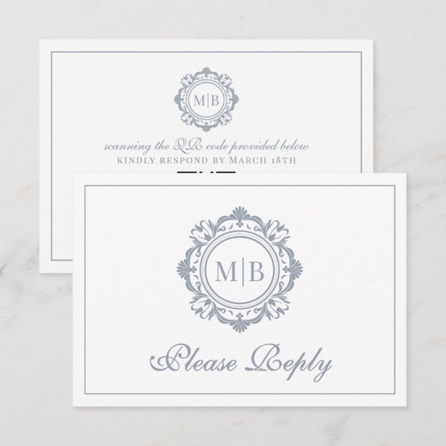 Ornate Floral Monogram Silver Wedding RSVP Card (Front/Back)