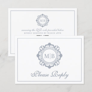 Ornate Floral Monogram Silver Wedding RSVP Card