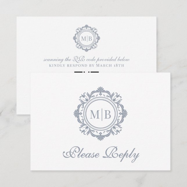Ornate Floral Monogram Silver Wedding RSVP Card (Front/Back)
