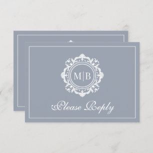 Ornate Floral Monogram Silver Wedding RSVP Card