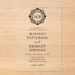 Ornate Floral Monogram Wedding Elegant Black Acrylic Invitations