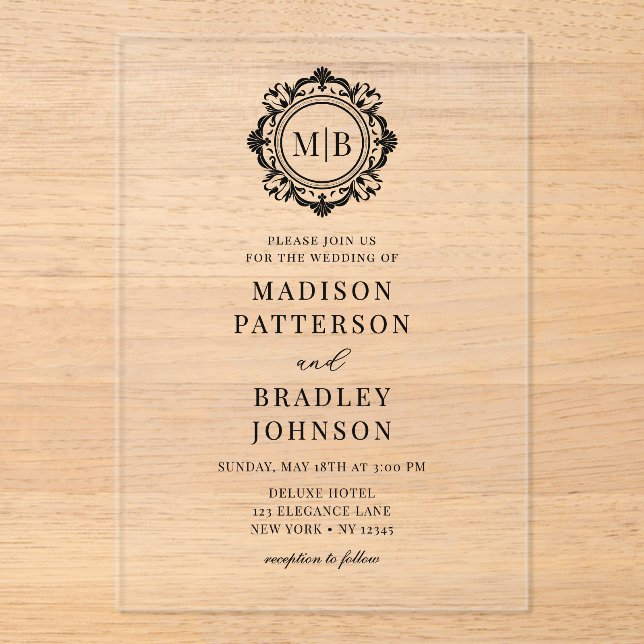 Ornate Floral Monogram Wedding Elegant Black Acrylic Invitations (Front)