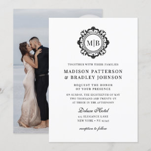 Ornate Floral Monogram Wedding Elegant Black White Invitation