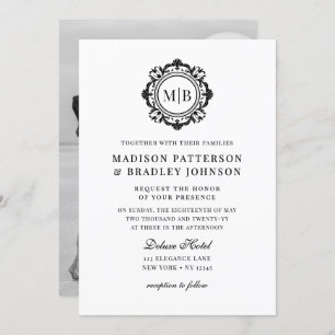 Ornate Floral Monogram Wedding Elegant Black White Invitation