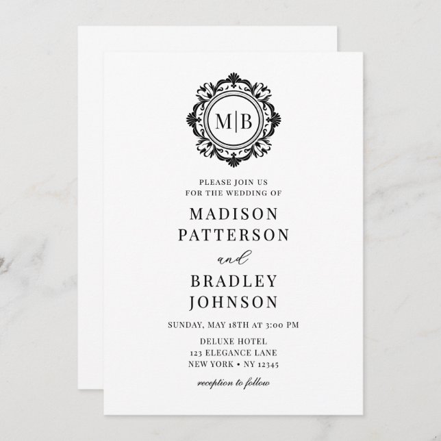 Ornate Floral Monogram Wedding Elegant Black White Invitation (Front/Back)