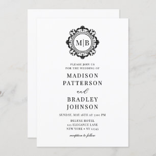 Ornate Floral Monogram Wedding Elegant Black White Invitation