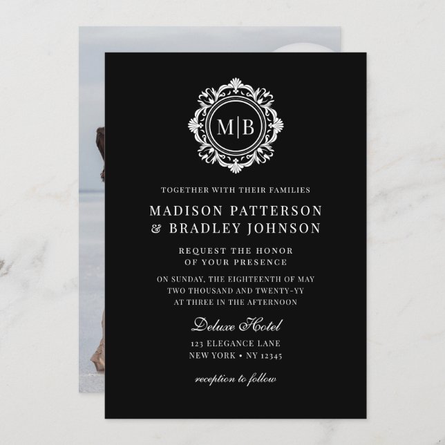 Ornate Floral Monogram Wedding Elegant Black White Invitation (Front/Back)