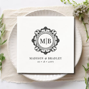 Ornate Floral Monogram Wedding Elegant Black White Napkin