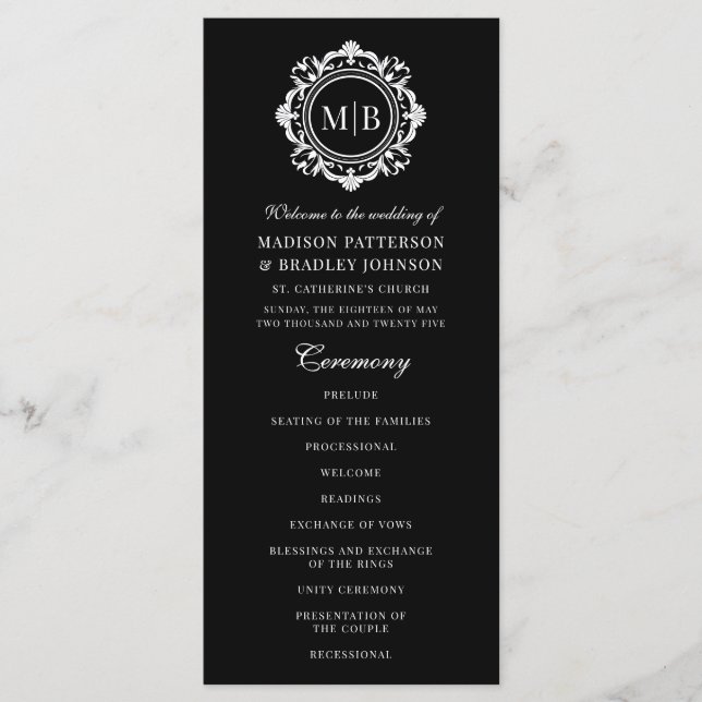 Ornate Floral Monogram Wedding Elegant Black White Programme (Front)