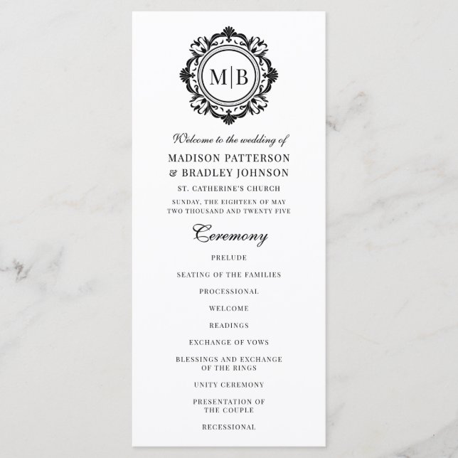 Ornate Floral Monogram Wedding Elegant Black White Programme (Front)