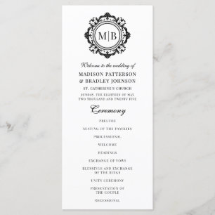 Ornate Floral Monogram Wedding Elegant Black White Programme