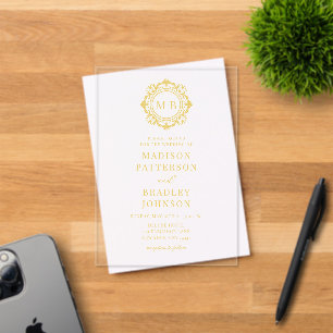 Ornate Floral Monogram Wedding Elegant Gold Acrylic Invitations