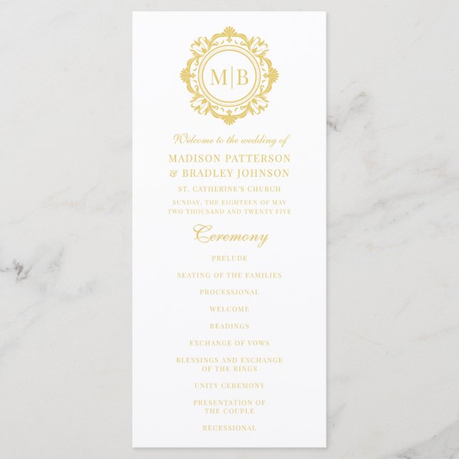 Ornate Floral Monogram Wedding Elegant Gold Programme (Front)