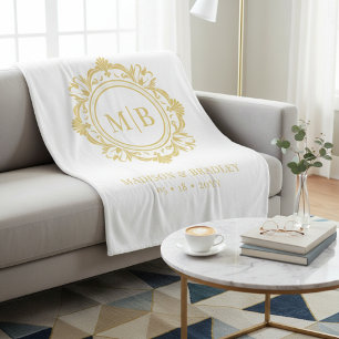 Ornate Floral Monogram Wedding Elegant Gold White Fleece Blanket