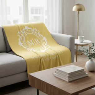 Ornate Floral Monogram Wedding Elegant Gold White Fleece Blanket