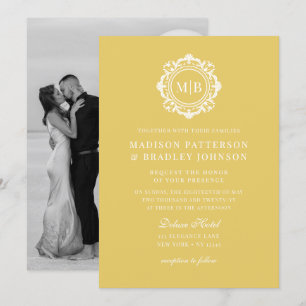 Ornate Floral Monogram Wedding Elegant Gold White Invitation