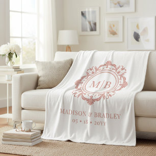 Ornate Floral Monogram Wedding Elegant Rose Gold Fleece Blanket