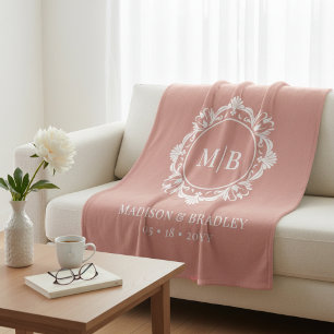 Ornate Floral Monogram Wedding Elegant Rose Gold Fleece Blanket