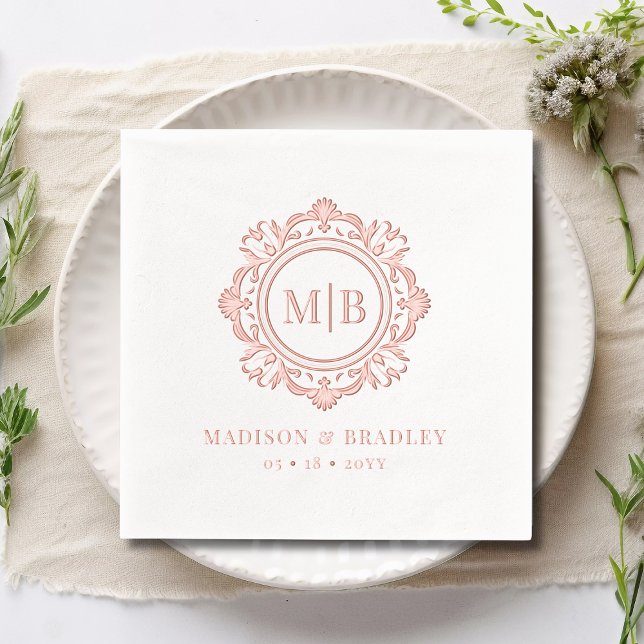Ornate Floral Monogram Wedding Elegant Rose Gold Foil Napkins (Creator Uploaded)