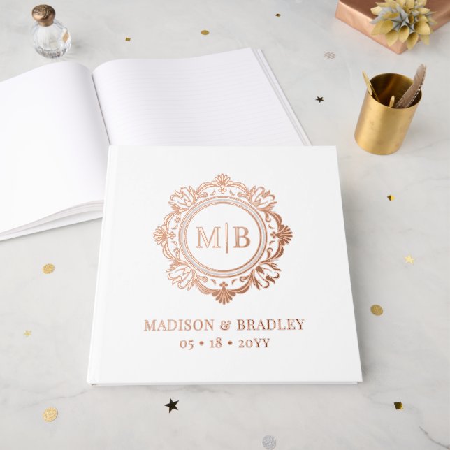 Ornate Floral Monogram Wedding Elegant Rose Gold Guest Book (Front Open)