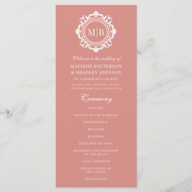 Ornate Floral Monogram Wedding Elegant Rose Gold Programme (Front)