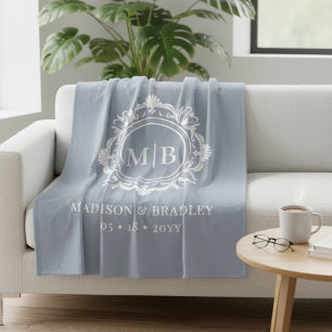 Ornate Floral Monogram Wedding Elegant Silver Fleece Blanket