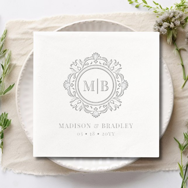 Ornate Floral Monogram Wedding Elegant Silver Foil Napkins (Creator Uploaded)