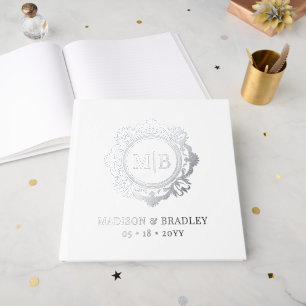 Ornate Floral Monogram Wedding Elegant Silver Guest Book