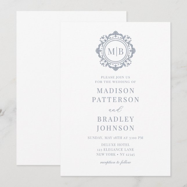 Ornate Floral Monogram Wedding Elegant Silver Invitation (Front/Back)