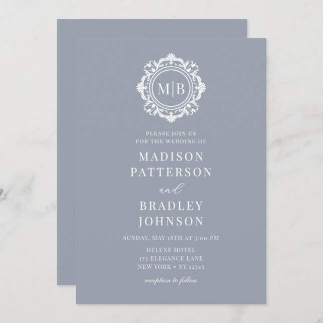 Ornate Floral Monogram Wedding Elegant Silver Invitation (Front/Back)