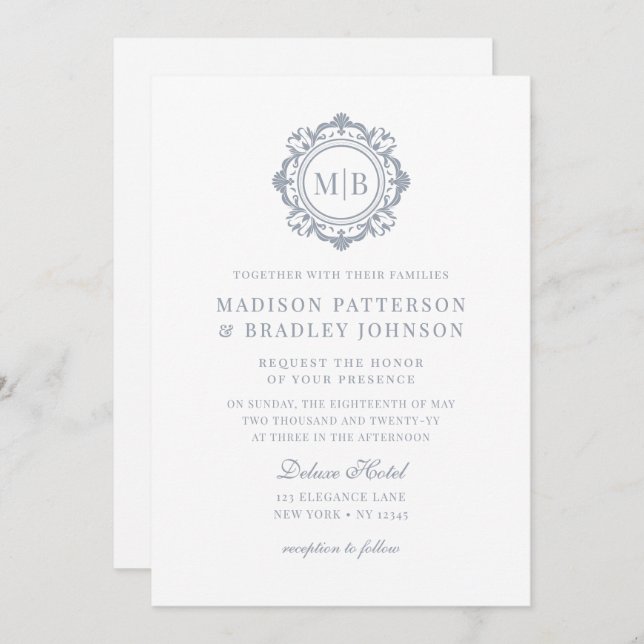 Ornate Floral Monogram Wedding Elegant Silver Invitation (Front/Back)