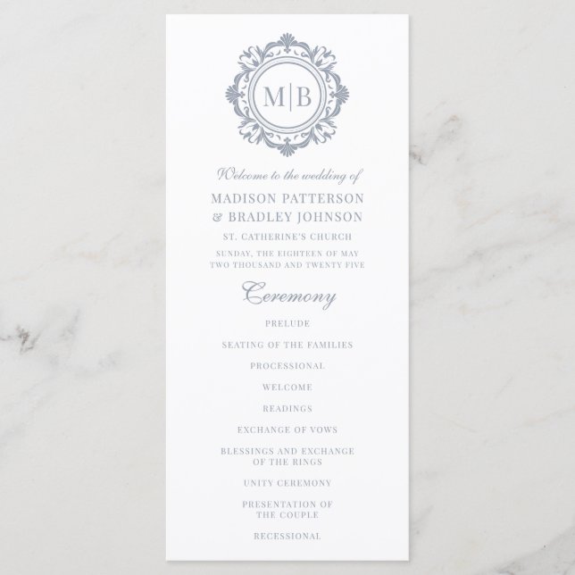 Ornate Floral Monogram Wedding Elegant Silver Programme (Front)