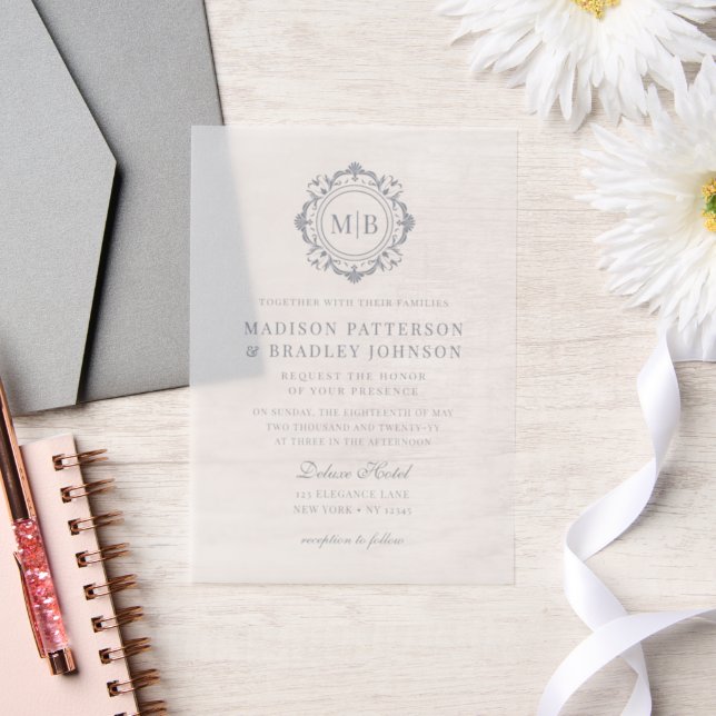Ornate Floral Monogram Wedding Elegant Silver Vellum Invitations (Wedding)