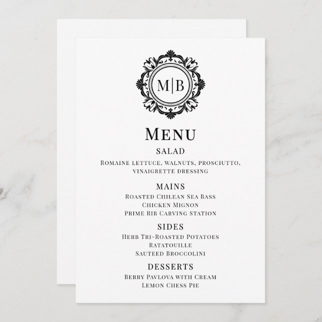 Ornate Floral Monogram Wedding Menu Black White (Front/Back)
