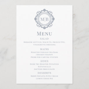 Ornate Floral Monogram Wedding Menu Silver