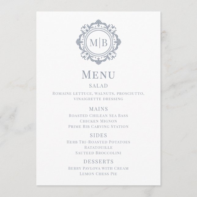Ornate Floral Monogram Wedding Menu Silver (Front)