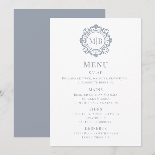 Ornate Floral Monogram Wedding Menu Silver (Front/Back)