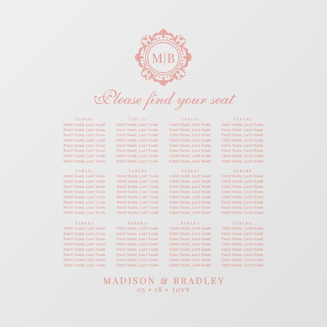 Ornate Floral Monogram Wedding Seating Chart (Sheet)