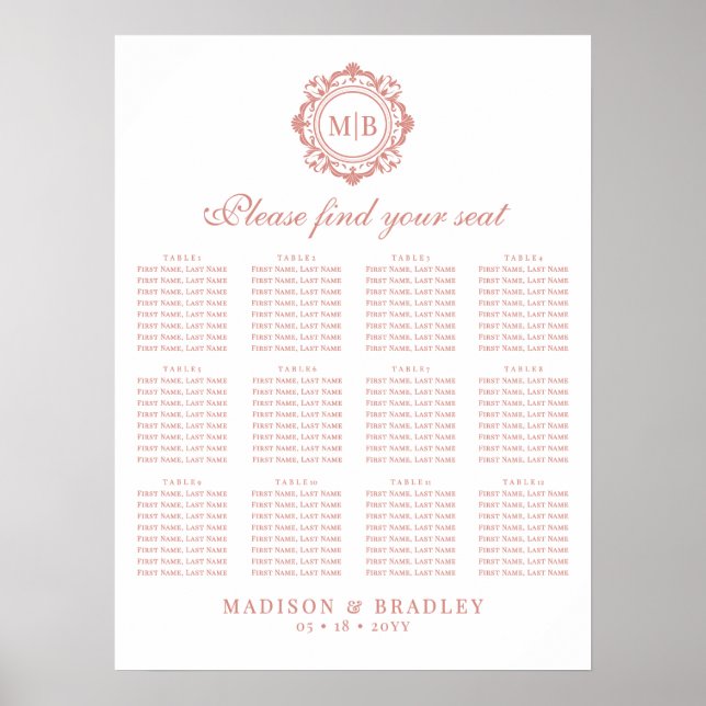Ornate Floral Monogram Wedding Seating Chart (Front)