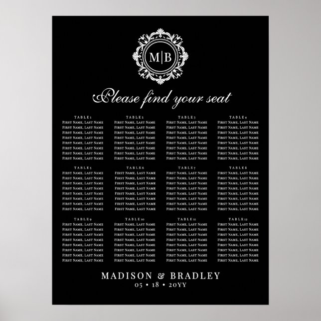 Ornate Floral Monogram Wedding Seating Chart (Front)