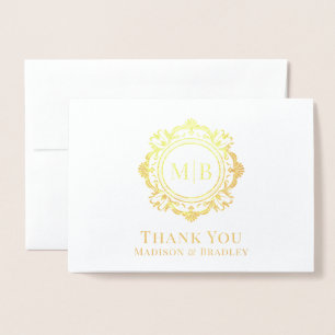Ornate Floral Monogram Wedding Thank You Foil Card